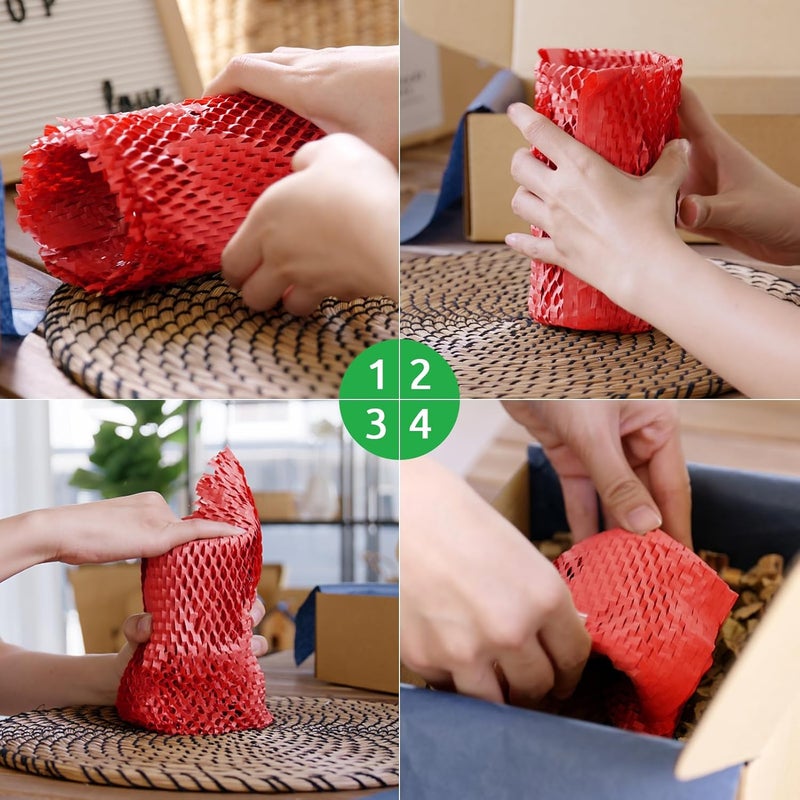 Pine nuts Honeycomb Packing Paper 15" x 131' Eco Friendly Packing Paper for Moving Recyclable Honeycomb Paper Bubble Paper Wrapping with 30 Fragile Sticker Labels and 66fthemp rope (Red) - Image 4